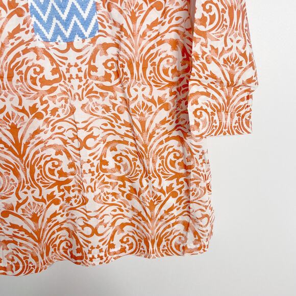 J McLaughlin XSmall XS Coral Orange Blue Printed Split V Neck Tunic Cotton Top - Picture 4 of 7